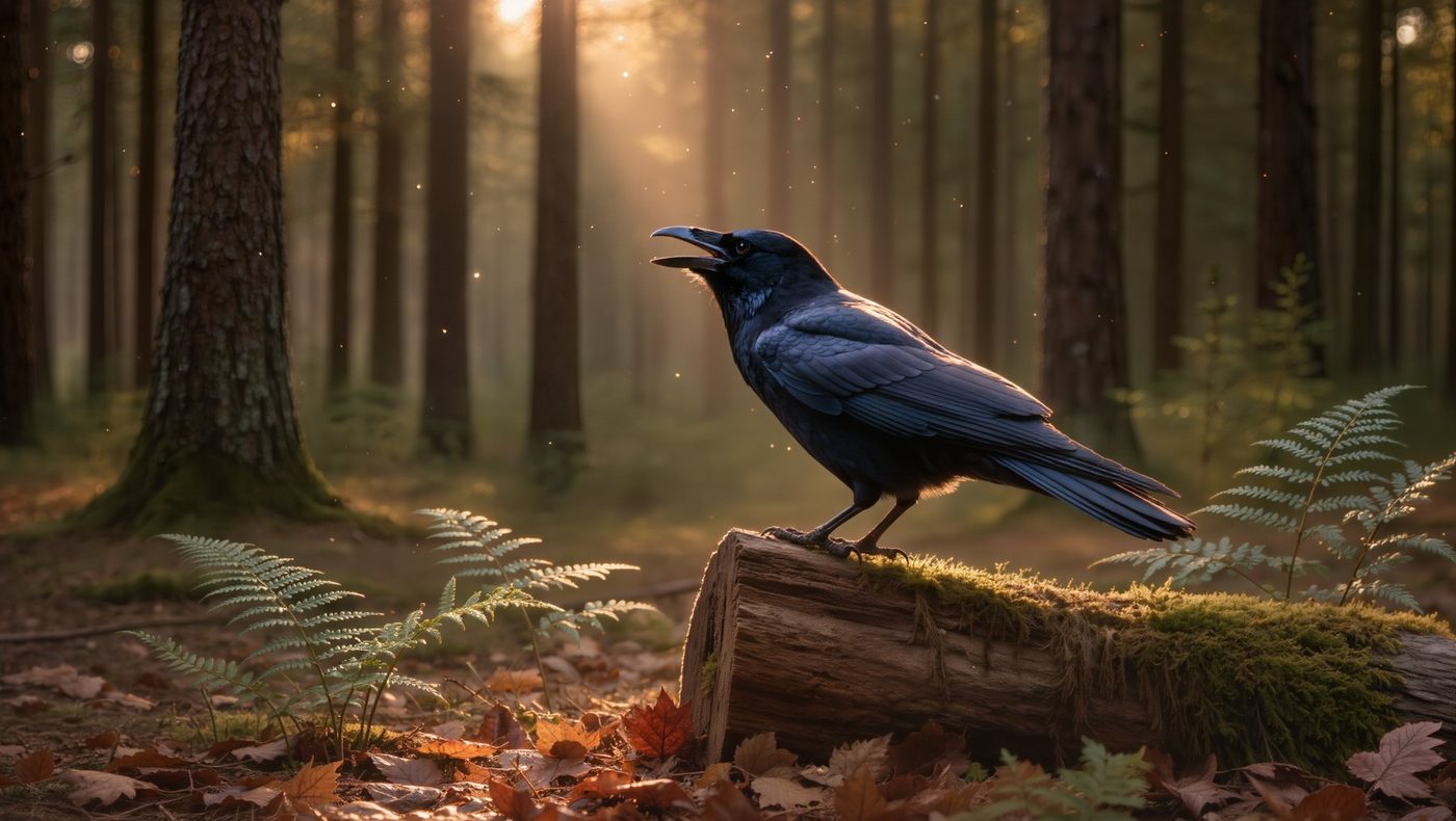 Crow cawing on a mossy log in golden forest light