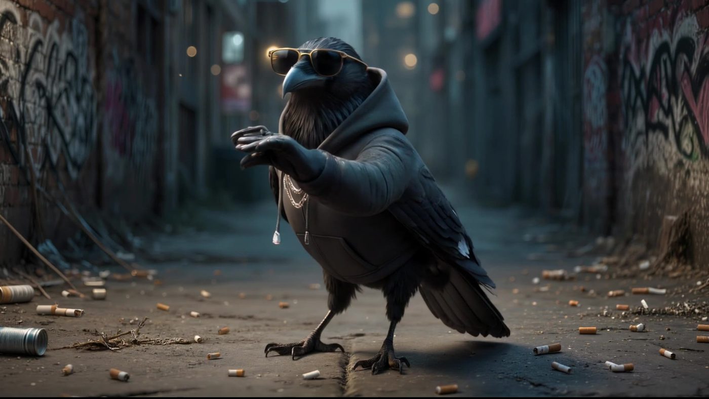 The Caw Caw crow mid dance move in a graffiti alley